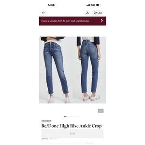 Re/Done High Rise Ankle Crop Stretch Size 26